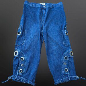 Y2K Cargo Capri Jeans Large Grommets Size L High Waisted Stretch Baggy Grunge